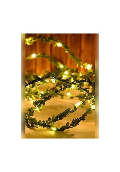 Dekoratif Sarmaşık Led Işıklı Şerit 7 Metre Yapay Yaprak + 5 Metre Peri Led Aydınlatma Yeşil