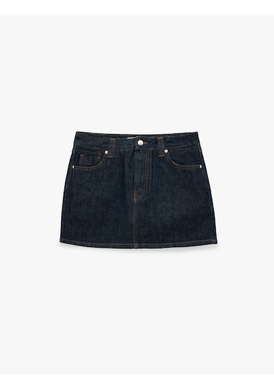 Koton Pamuklu Normal Bel Düğmeli Cepli Mini Denim Şort Etek Koyu İndigo 6sal70033md