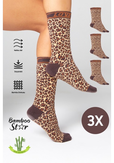 Bamboo Star Kadın Dikişsiz Leopar Desenli Soket Çorap 3'lü Paket Sıkmayan Çorap / İz Bırakmaz