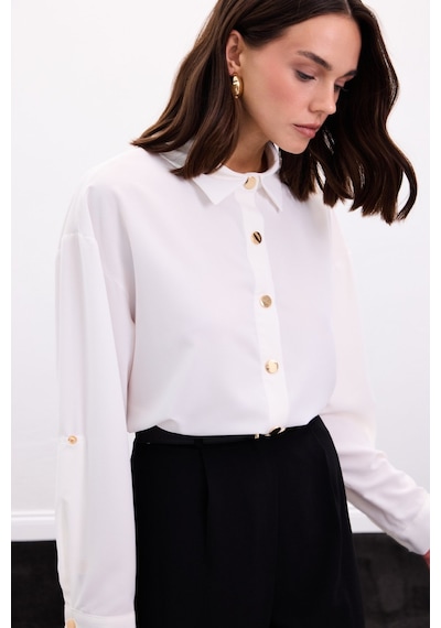Sateen Çıtçıt Detaylı Gömlek - Ekru-136898 ekru