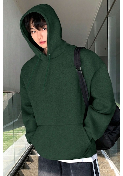 Genius Store Erkek Sweatshirt Kanguru Cepli İçi Polarlı 3 İplik Kapüşonlu Oversize Sweatshirt Kanguru-sweatshırt Yeşil