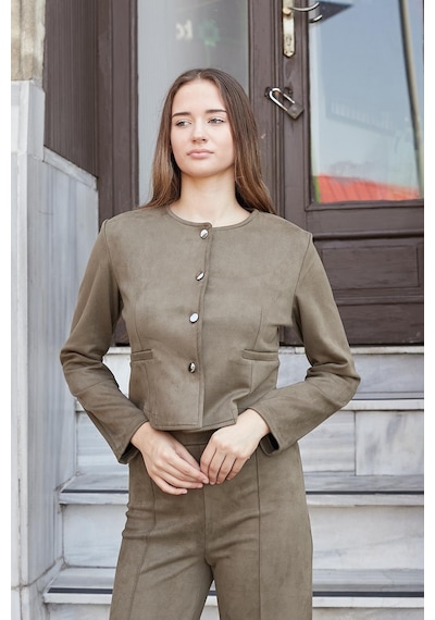 Kadın Esnek Süet Kumaş Sıfır Yaka Flato Cepli Uzun Kol Blazer Ceket-haki Haki