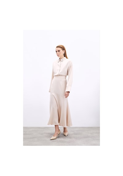 Sateen Kesik Detaylı Saten Etek - Bej-135907 Bej