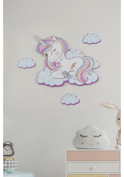 Sevimli Unicorn Çocuk Odası Ahşap Duvar Saati Elf-2312026 Diğer