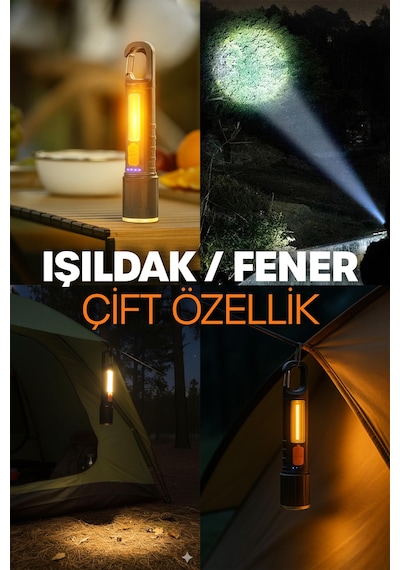 Şarjlı El Feneri 5 Mod Karabina Askılı Cob Led Kamp Lambası Acil Durum Işığı 7149 Siyah