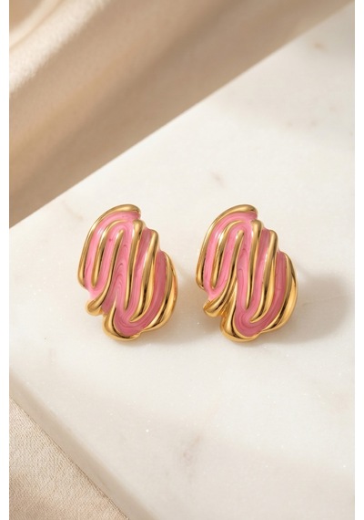 Gold Pembe Mineli Çizgili Premium Küpe Çok Renkli