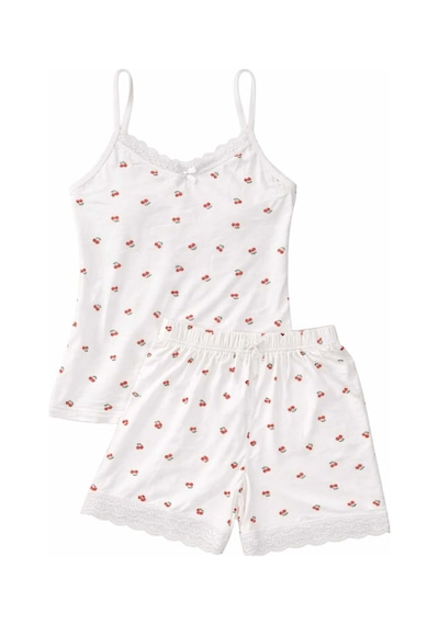 Tenra Kadın Beyaz Kiraz Desenli İp Askılı Şortlu Pijama Takımı Dantel Detaylı Gümüş