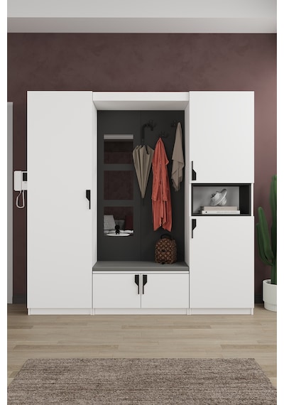 Lüks Aynalı Portmanto Askılı Vestiyer %100 Mdf Çok Raflı Ayakkabılık V04 Beyaz - Antrasit Lüks Aynalı Portmanto Askılı Vestiyer %100 Mdf Çok Raflı Ayakkabılık V04 Beyaz - Antrasit