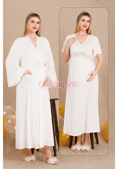 Lady Ekru Renk Dantel Detaylı 33500 Sabahlıklı 2li Hamile Gecelik Takım Set