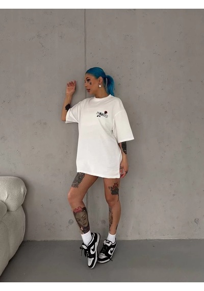 Assema Kadın Bisiklet Yaka Baskılı Kısa Kol Oversize T-shirt - Beyaz Çok Renkli