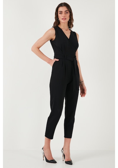 Lela Slim Fit Düz Paça Kruvaze Yaka Kemerli Bayan Tulum 6783626 Siyah