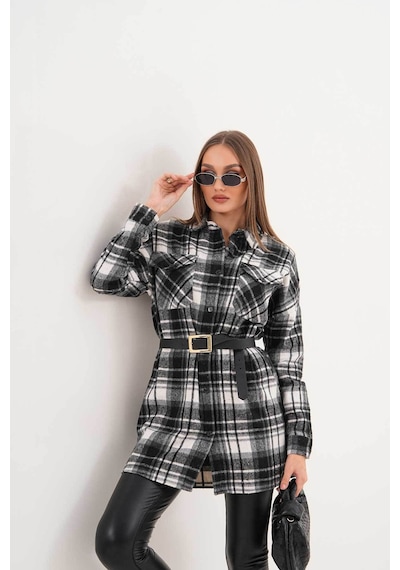 Polologin Butik Kadın Siyah Beyaz Çizgili Araboy Spor Gömlek Beyaz