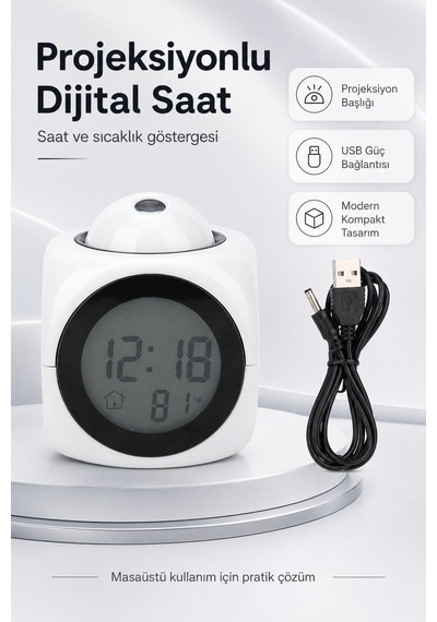 Duvara Yansıtan Projeksiyonlu Dijital Çalar Saat Konuşan Termometreli Led Alarm Masa Saati Beyaz
