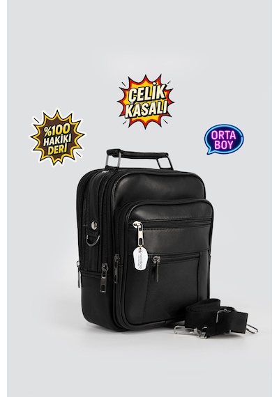 Westbag Erkek Çelik Kasalı Hakiki Deri El Ve Omuz Çantası Ayarlanabilir Askılı Orta Boy Siyah