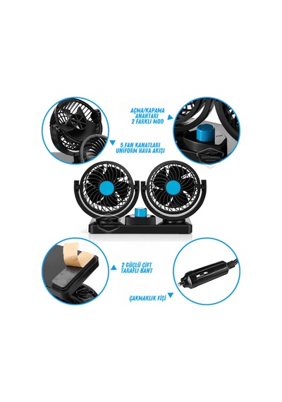 Üniversal Oto Ofis Araç İçi Torpido Üstü Vantilatör Çift Başlıklı Çakmaklık Girişli 2 Kademeli Soğutucu Fan 360 Dönebilen Ultra Sessiz Araç Fanı 12v Mavi 00 Şüscaroto Aksesuar