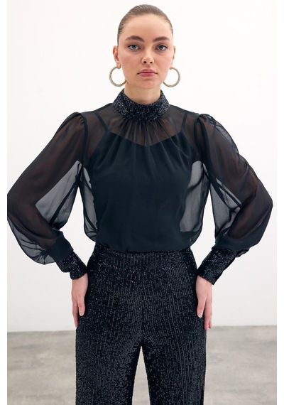 Sateen Payet Detaylı Bluz - Siyah-135852 Siyah