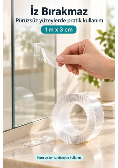Şeffaf Çift Taraflı Bant Yıkanabilir 1 Metre X 3 Cm