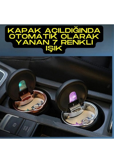 Carub Araç İçi Küllük Porselen + Abs 7 Renk Işıklı Kapaklı Yanmaz Koku Geçirmez Altın Siyah Renk Br2944643