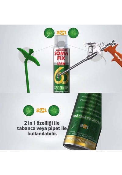 Somafix 2 Adet 750 Ml Somafix 60 Saniye Çift Kullanımlı Yapıştırma Köpüğü Köpük Tabancası Köpük Temizleyicisi Seti