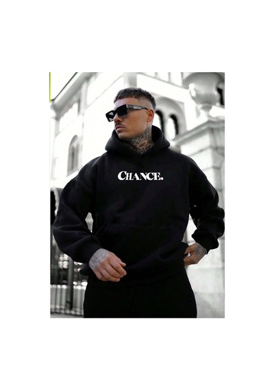 Blackjack Giyim Chance Baskılı Cepli Kapüşonlu Sweatshirt Siyah