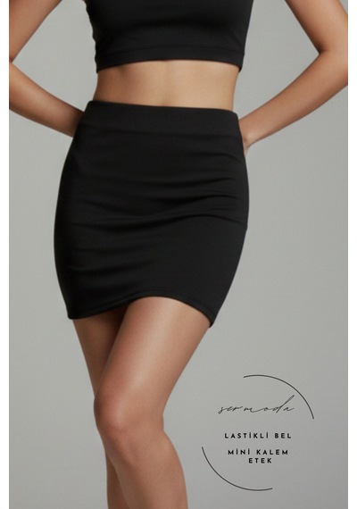 Sermoda Kalem Etek - Bel Lastikli Slim Fit Mini Kalem Etek Ks Siyah