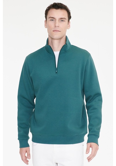 Ac&Co / Altınyıldız Classics Erkek Koyu Yesıl Standart Fit Normal Kesim İçi Polarlı Bato Yaka Pamuklu Sweatshirt