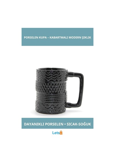 Siyah Kabartmalı Tasarım Porselen Kupa Bardak Çok Renkli