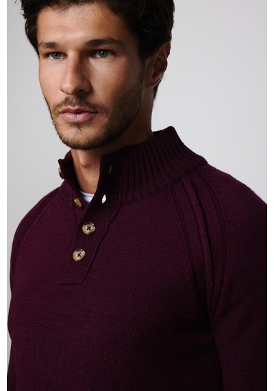 Tudors Erkek Slim Fit Dar Kesim Dik Yaka Düğmeli Bordo Triko Triko Kazak-29592-bordo Bordo