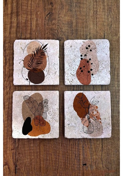 Doğal Taş Bardak Altlığı 4'lü Set - Modern Desenler Uv Baskılı Stone Coasters Çok Renkli