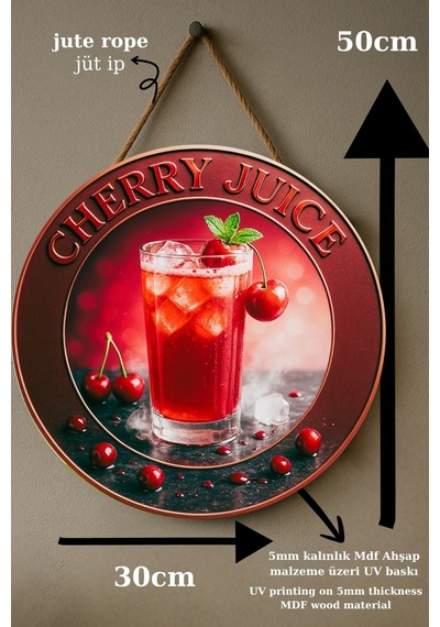 Cherry Juice Temalı Kapı Süsü Tablosu, Vişne Suyu Konseptli Uv Baskılı Renkli Cafe Duvar Dekoru