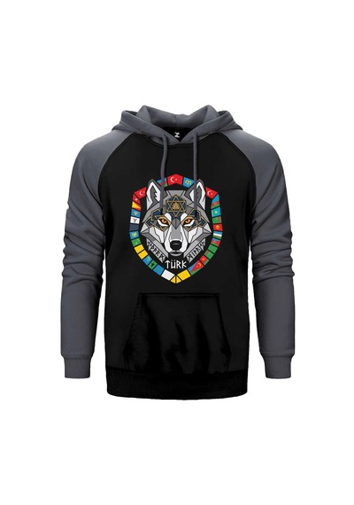 Kırmızı Renk Bayrak Çerçeveli Gri Kurt Başı Baskılı Çift Renk Reglan Kol Sweatshirt / Hoodie