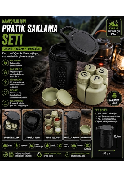 Kamp & Outdoor Çok Amaçlı Baharat Ve Saklama Seti Taşınabilir 6 Parça Siyah