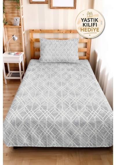 Gri Geometrik Tek Kişilik Dekoratif Pike Takımı - Beyaz Çizgili Minimal 160x220 Cm Yatak Örtüsü Kırık Misk Melodisi