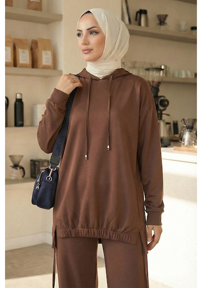 Bestenur Kapüşonlu Tunik Pantolon Takım 1682 - Kahve Kahverengi