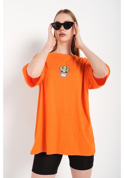 Flood Of Style Kadın Turuncu Cactus Logo Baskılı Oversize T-shirt
