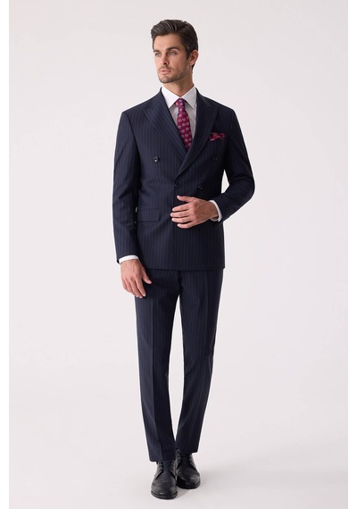 Erkek Lacivert Çizgili Slim Fit Kruvaze Takım Elbise