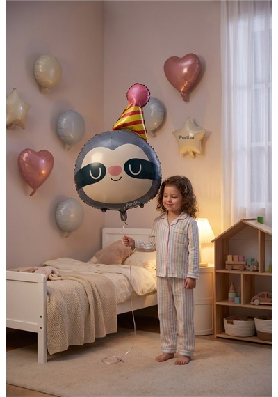 Şapkalı Safari Tembel Hayvan Kafa Folyo Balon 71x48 Cm Safari Temalı Çocuk Doğum Günü Parti Süsü Çok Renkli