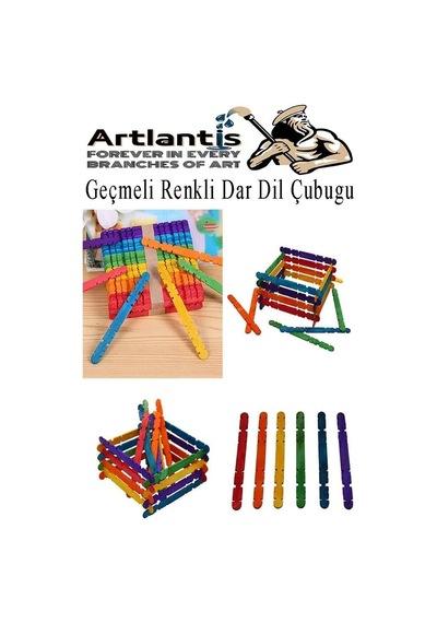 Artlantis Renkli Geçmeli Dil Çubuğu Dar 50 Li 1 Paket Çentikli Tırtıklı Geçirmeli Eklemeli Renkli Dondurma Çubu
