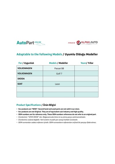 Volkswagen Passat B8 - Golf 7 - Skoda Seat - Leon Cam Açma Düğme Set