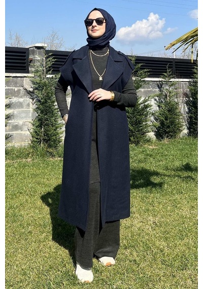 Rabia Şamlı Apoletli Lacivert Yelek Normal