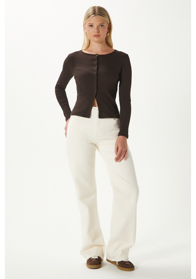 Ritnice Young Cool Düğmeli Uzun Kollu Kahverengi Bluz Kahverengi