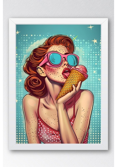 Dondurma Yiyen Kadın Çerçeveli Tablo - Pop Art Poster Tablo