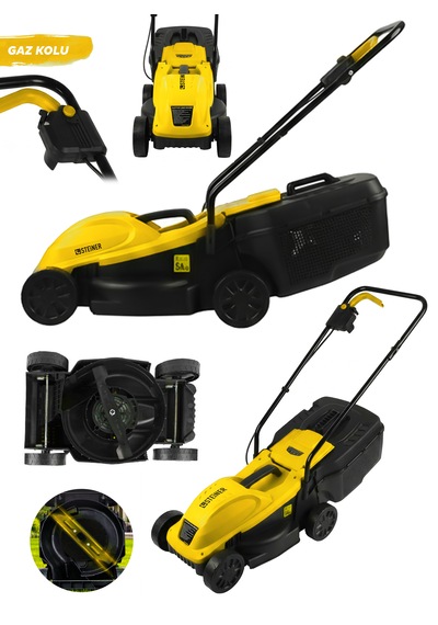 Steiner 1200w Elektrikli Bakır Sargılı Tekerlekli Çim Biçme Makinesi Sarı 30 Litre Toplama Torbalı