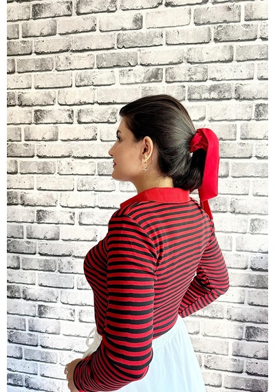 Kırmızı Renk İnce Çizgi Detaylı Polo Yaka Standart Beden Kadın Kazak Kırmızı