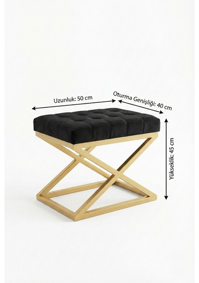 Nexus Babyface Kapitoneli Puf - Gold Metal X Ayaklı Modern Bench 50x40 Cm Siyah