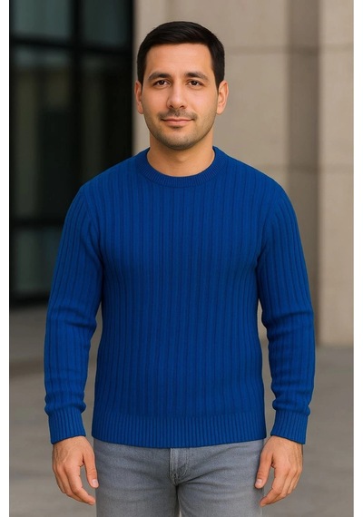 Erkek Fitilli Triko Kazak 2 Li Set Siyah Saks Mavisi Kalın Dokuma Pamuklu Regular Fit