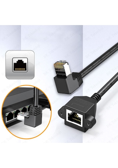 Panel Montaj Rj45 Erkek - Dişi 90 Derece Açılı Uzatma Lan Kablosu