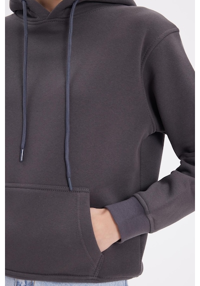 Tudors Kadın Relax Fit Rahat Kesim Pamuklu Kapüşonlu Kanguru Cepli Füme Sweatshirt-39938 Füme