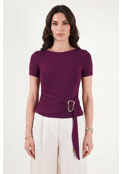 Lela Toka Detaylı Fitted Fit Kayık Yaka Bluz Bayan Bluz 5862707 Mürdüm