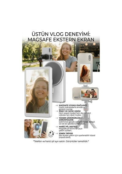 A2 Pro Manyetik Selfie Ekranı - Magsafe Uyumlu 4.02 İnç Vlog Monitörü Ve Bluetooth Uzaktan Kumandalı Beyaz - 928305208